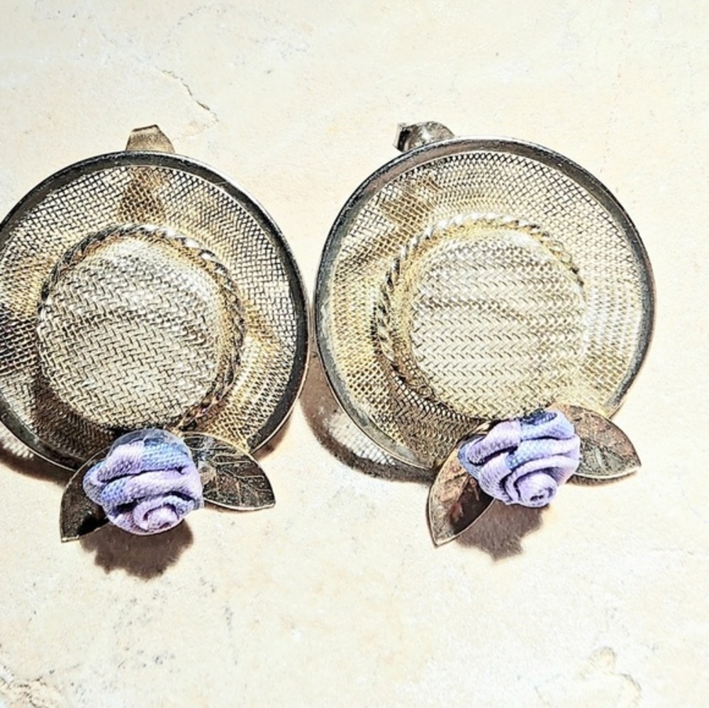 Vintage Silver Wire Sun Hat Purple Flower Statement Earrings
